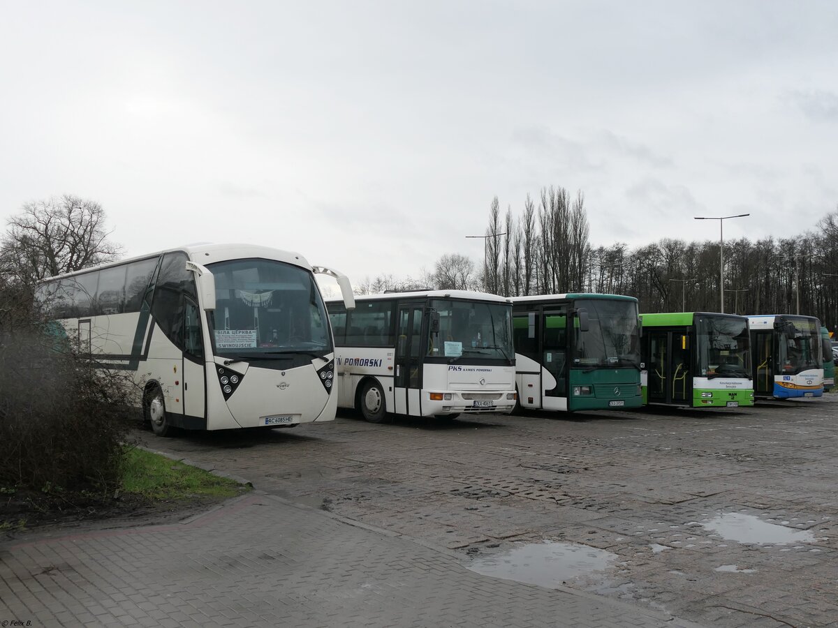 Ayats Atlantis von Mustang Trans aus der Ukraine Karosa C955.1071 von PKS Kamień Pomorski und Mercedes Integro von Emilbus und MAN Niederflurbus 2. Generation und Solaris Urbino 12 von Komunikacja Autobusowa Świnoujście aus Polen in Świnoujście/Swindemnde am 12.01.2023