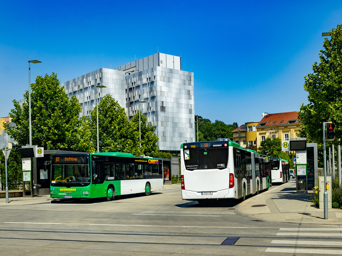 Graz. Am 29.06.2024 trifft ein MAN Lion's City auf einen Citaro Hybrid am Riesplatz.