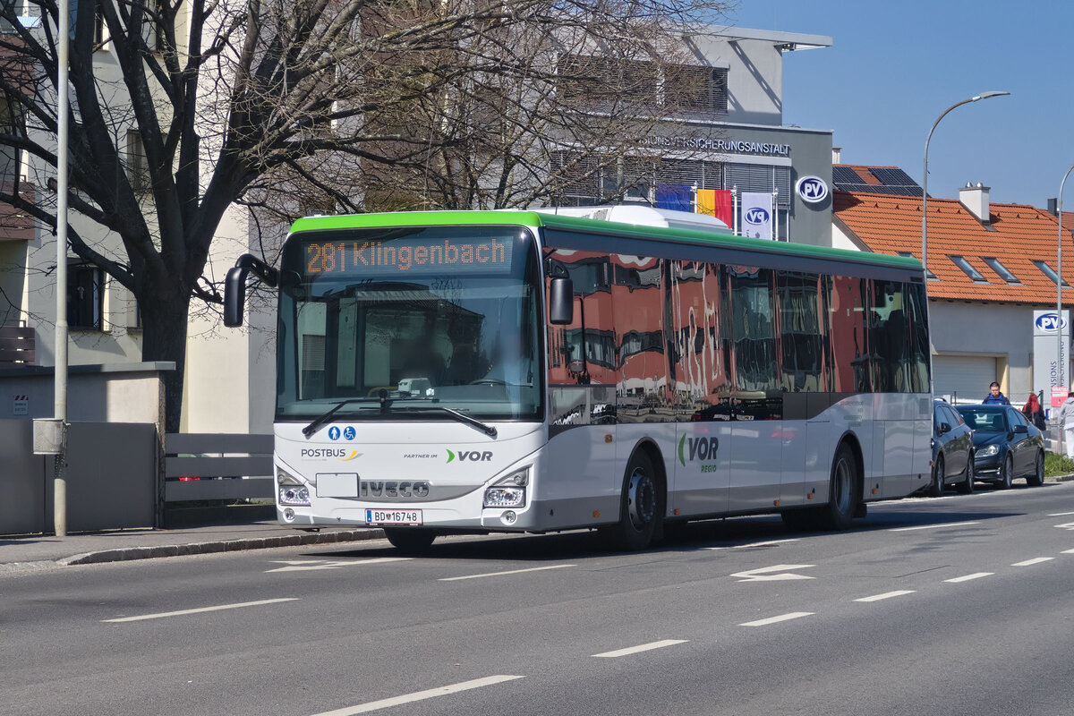 Iveco-Irisbus Crossway von Postbus (BD-16748) als Linie 281 in Eisenstadt, Ödenburger Straße. Aufgenommen 20.3.2024.