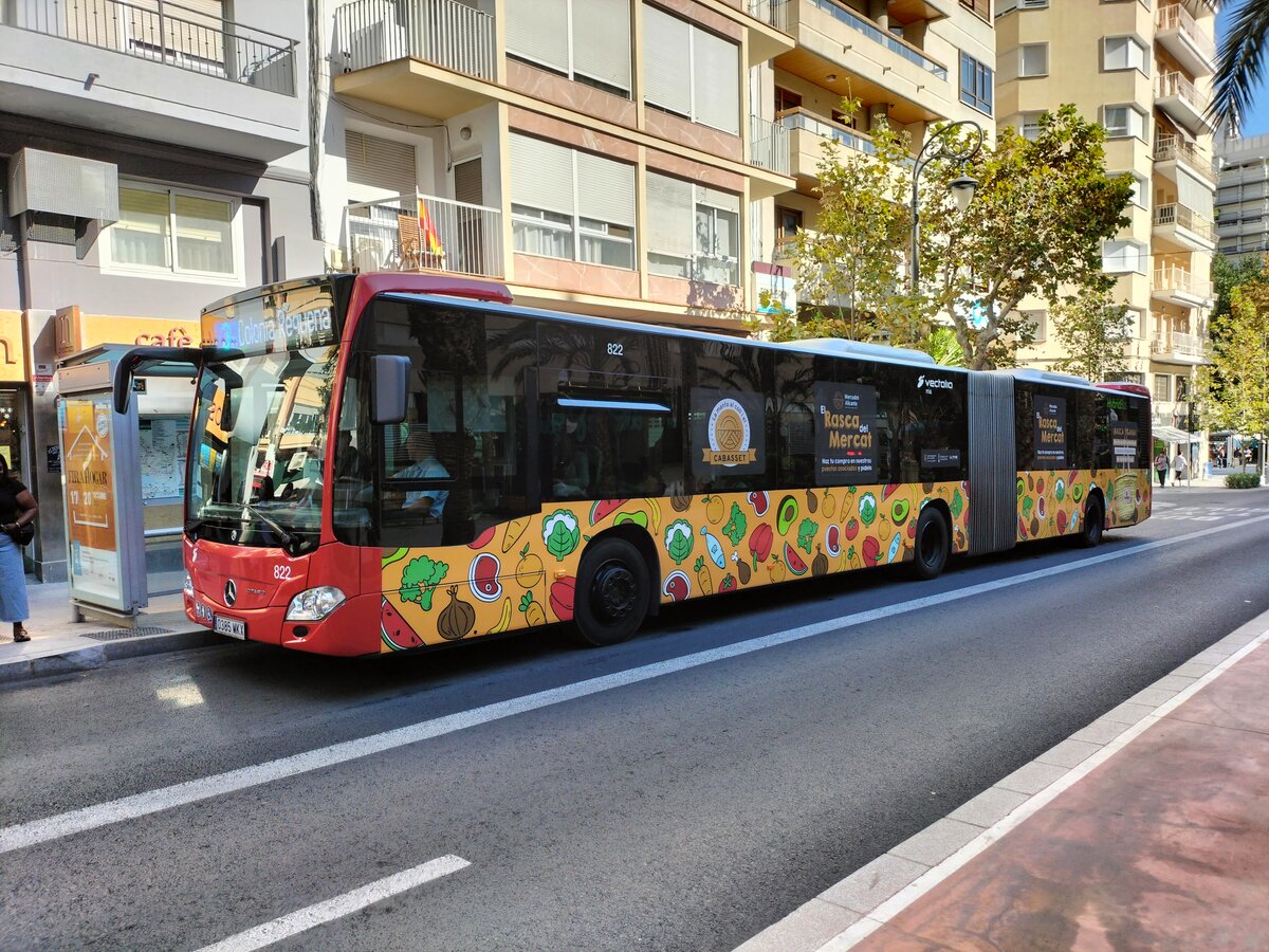 Mercedes-Benz Citaro O 530 G C2, Vectalia Mia, Wagen 822, in der Avenida Federico Soto als Linie 3 in Alicante am 21.10.2024. Der Gelenkbus erhält eine Seitenwandwerbung für die Markthallen in Alicante.