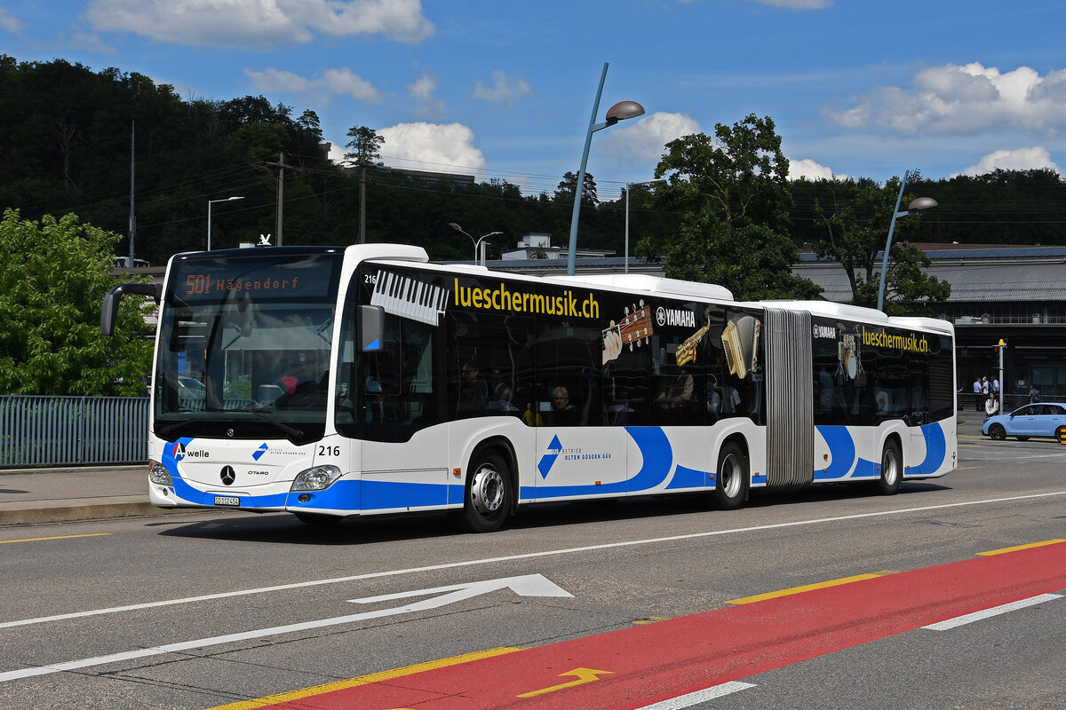 Mercedes Citaro 216, auf der Linie 501, überquert am 13.06.2024 die Bahnhofbrücke in Olten.