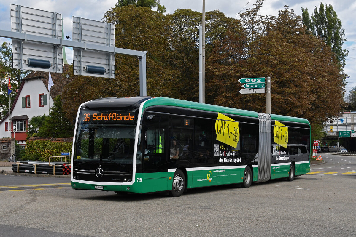 Mercedes eCitaro 7120, auf der Linie 36, fährt am 30.09.2024 bei der Haltestelle St. Jakob ein. Aufnahme Basel.