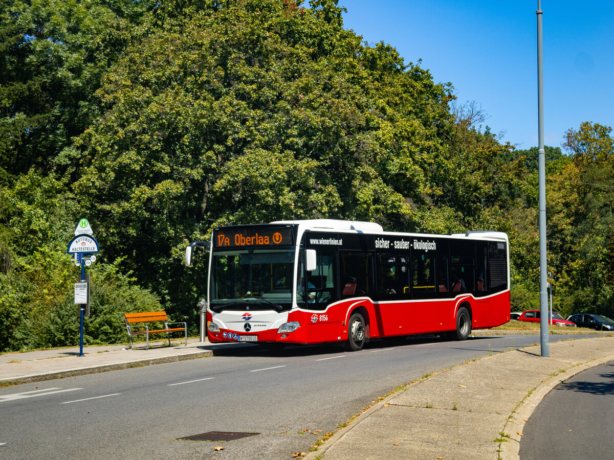 Wien. Wagen 8156 der Wiener Linien, erreich hier am 06.08.2024 als Linie 17A nach Oberlaa Ⓤ seine vorletzte Haltestelle  An der Kuhtrift .