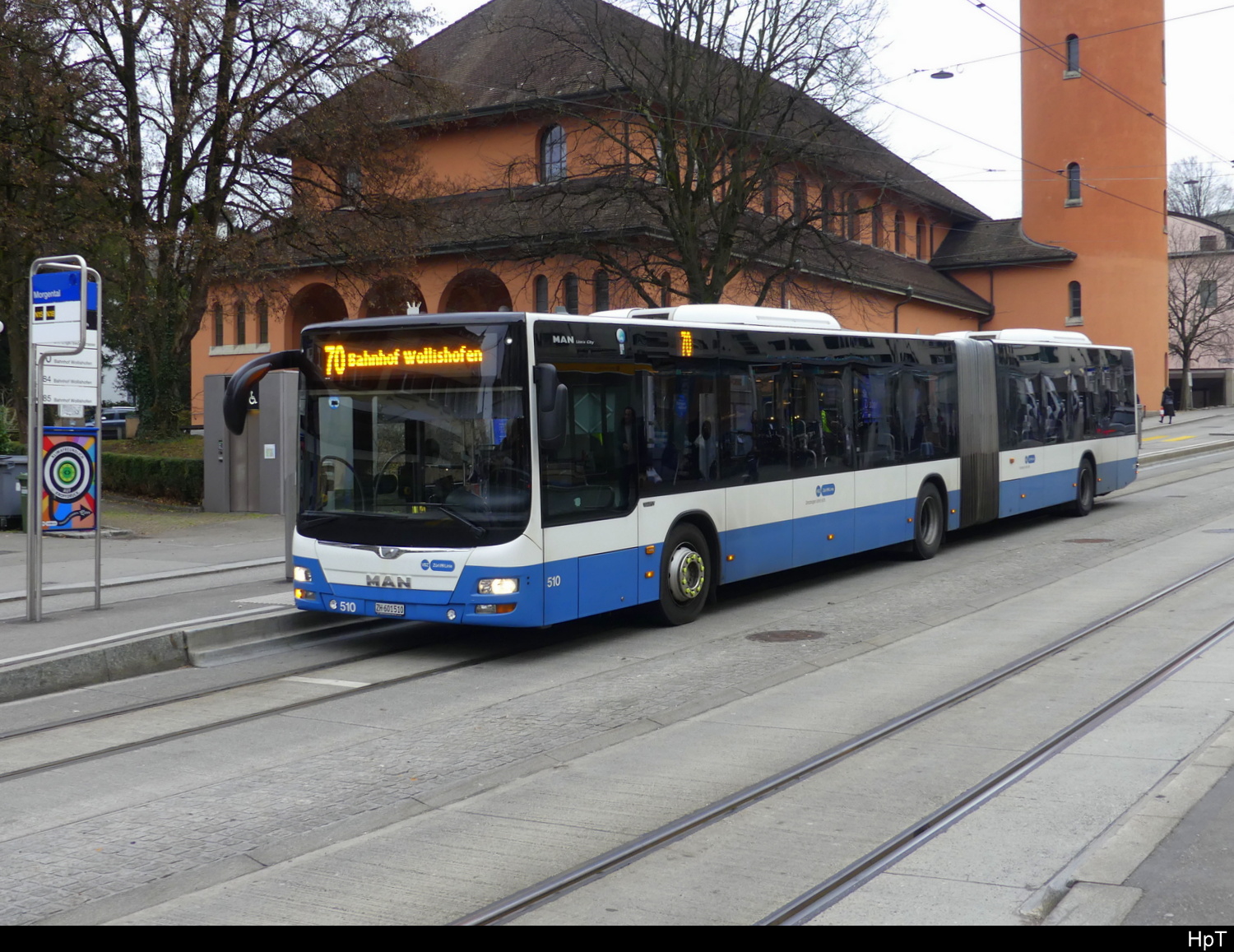 VBZ  - MAN Lion`s City  Nr.510 unterwegs auf der Linie 70 bei der Haltestelle Morgental in Zürich am 2024.12.27