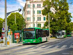 Graz. Am 22.07.2024, erreicht hier Wagen 77 der Graz Linien die Haltestelle Wielandgasse.