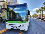 Castrosua Magnus H LE 13 Hybrid, Avanza Elche, Wagen 303, wartet als Linie R11 am Busbahnhof in Elche am 30.01.2025