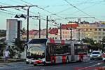 Dopravní podnik hl. m. Prahy, akciová společnost (DPP) Wagen 111 ( Kennzeichen: DPP 111) ein SOR TNS 18.
Dieser Bus bedient gerade die Linie 58 und kommt gerade an der Endhaltestelle Metro Palmovka in der Straße Na Žertvách, 180 00 Praha 8-Liben an.
Wegen dem Fahrdrahtwechsel musste das Fahrpersonal die Stromabnehmer vom Fahrdraht trennen, dies geschieht auf Knopfdruck während der Fahrt.